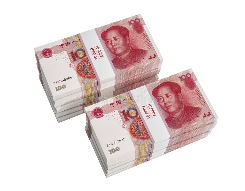 Stacks of chinese 100 Yuan bills isolate on white.