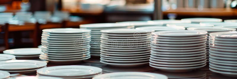 Stacks of Clean Plates at Hotel Breakfast Buffet, White Plates stock photo