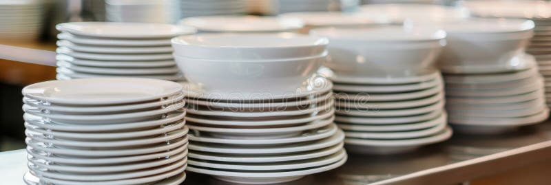 Stacks of Clean Plates at Hotel Breakfast Buffet, White Plates royalty free stock photos
