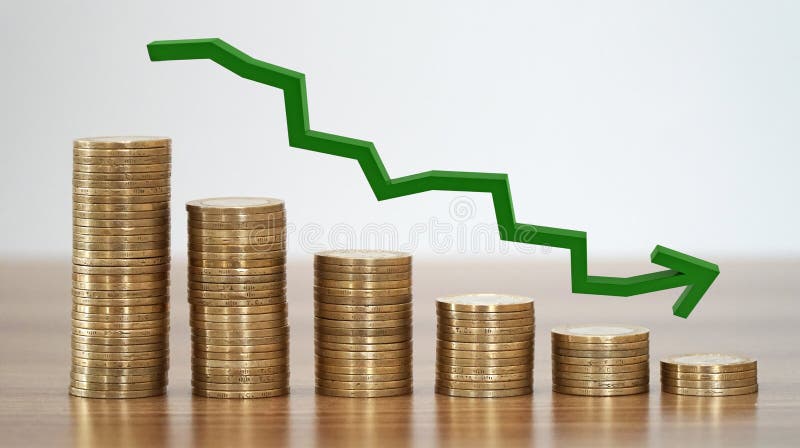 Stacks of coins in a decrease financial concept. Decrease business graph step stock images, royalty-free photos and pictures