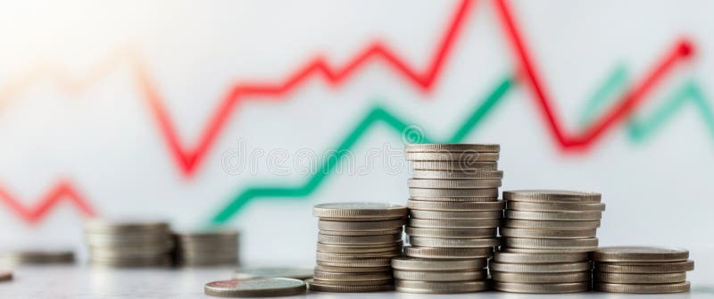 Stacks of coins in focus with a dynamic financial graph in the background royalty free stock image