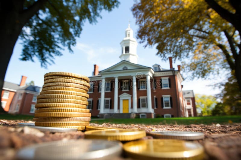 Stacks of coins with a large mansion in the background, created with generative ai AI generated