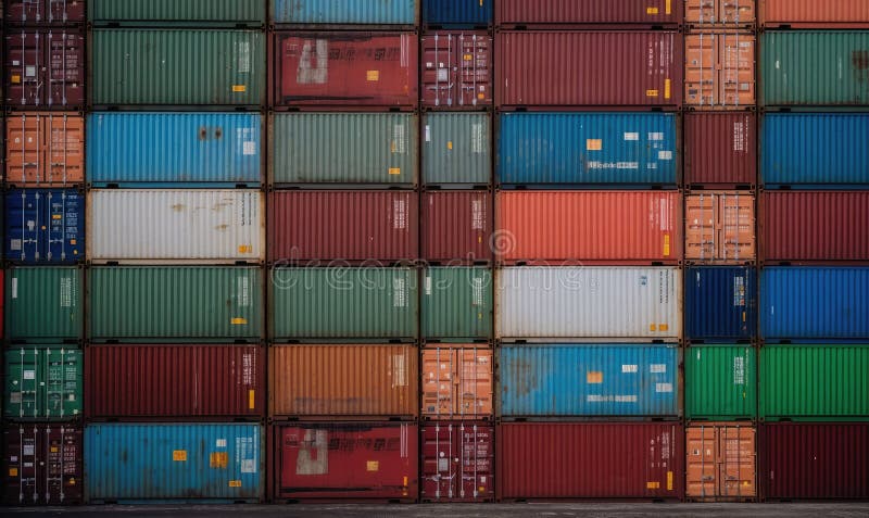 Stacks of containers ready for unloading from cargo ship. Creating using generative AI tools