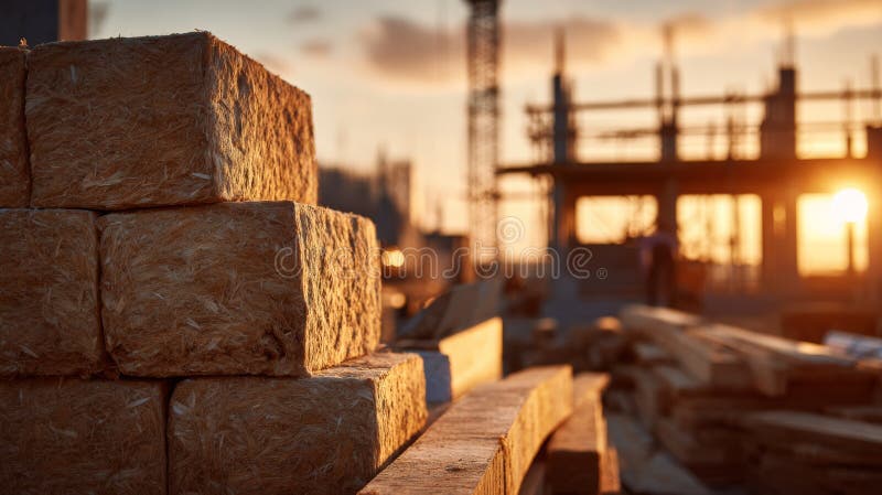 Stacks of eco-friendly insulation material on a construction site at sunset with a partially built home in the background royalty free stock photos