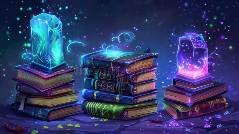 Stacks of magic spell books glowing on dark background. Modern illustration of witchcraft literature piles with spooky royalty free stock photo
