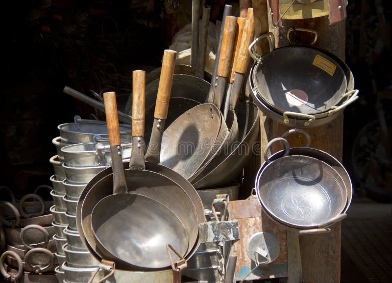 Stacks of Metal Cookware on Market Stock Image Image of object