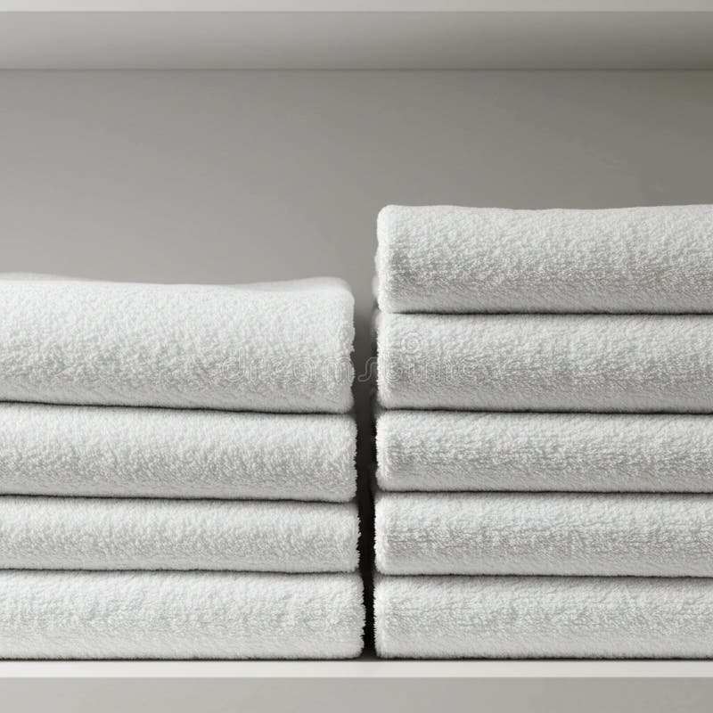 Stacks of neatly folded white towels are arranged on a shelf, creating a clean stock illustration
