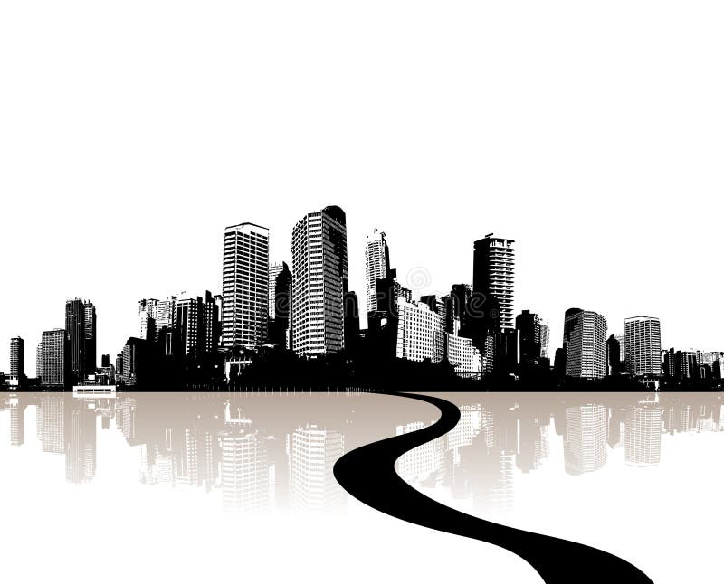 Stad die in water wordt weerspiegeld. Vector stock illustratie Stad die in water wordt weerspiegeld. Vector stock illustratie