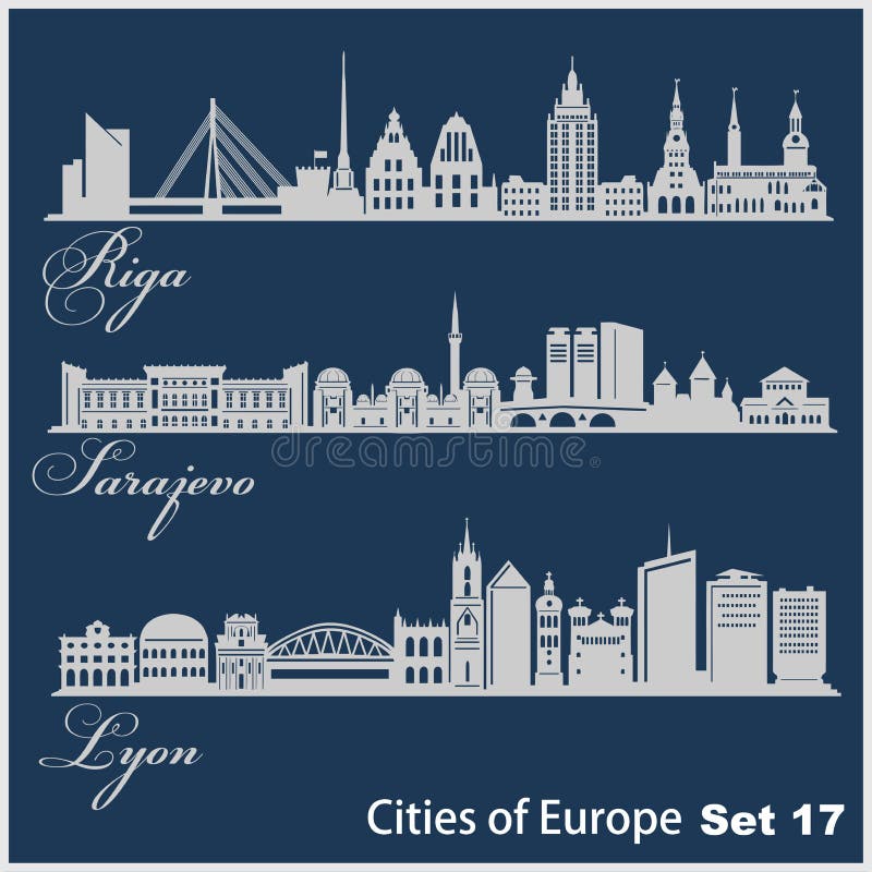 Stad Europa - Riga, Sarajevo, Lyon Gedetailleerde architectuur Trendy vectorillustratie