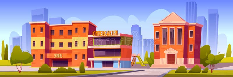 Buildings of school, kindergarten and university on town street. Vector cartoon landscape with education houses, of college, primary or elementary school, daycare with playground in backyard. Buildings of school, kindergarten and university on town street. Vector cartoon landscape with education houses, of college, primary or elementary school, daycare with playground in backyard