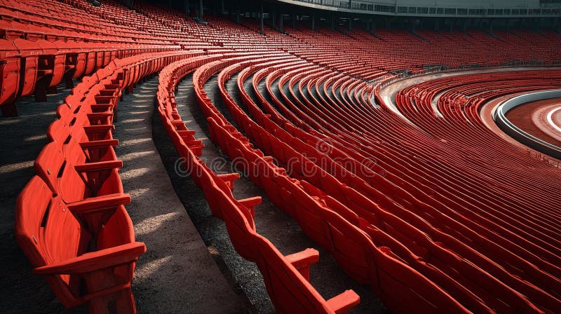Stade de baseball vide avec des rangées incurvées de sièges rouges dans une lumière naturelle vive illustration libre de droits