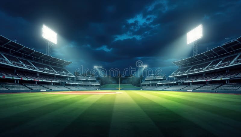 Stade de baseball vide la nuit. des lumières lumineuses illuminent le terrain de jeu. champ d'herbe verte visible. les sièges sont illustration stock