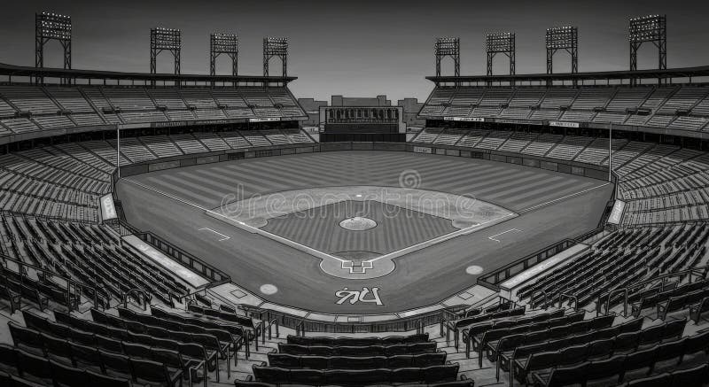 Stade de baseball vide Panorama Un panorama époustouflant en noir et blanc sur un stade de baseball vide présentant le terrain illustration stock