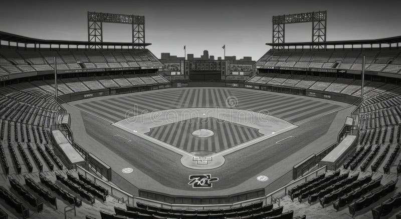 Stade de baseball vide Panorama Vue panoramique d'un stade de baseball vide présentant les stands de terrain et l'emblématique illustration stock