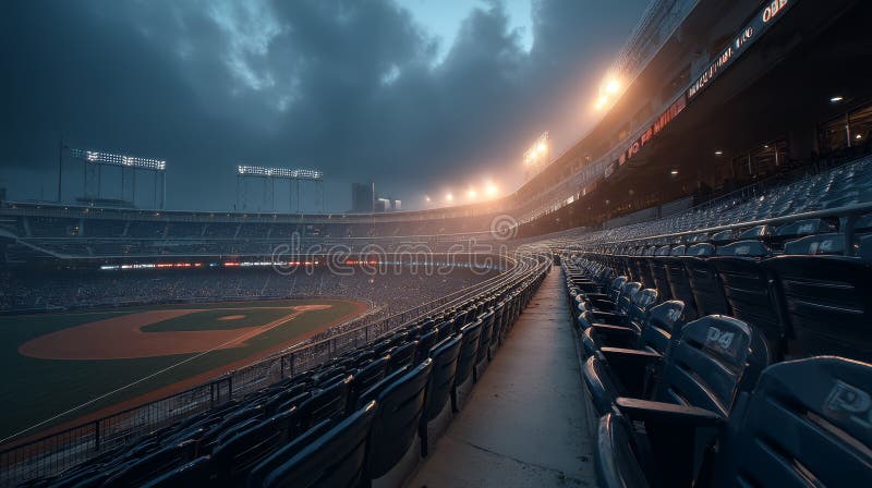 Stade de baseball vide sous un éclairage dramatique avec une atmosphère fantaisie à Dusk illustration stock
