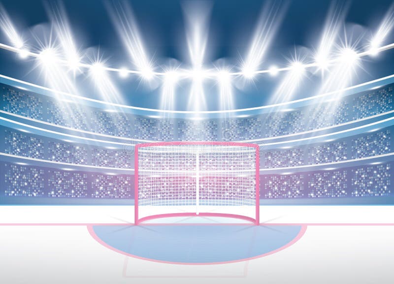 Stade de hockey sur glace avec des projecteurs et le but rouge illustration libre de droits Stade de hockey sur glace avec des projecteurs et le but rouge illustration libre de droits