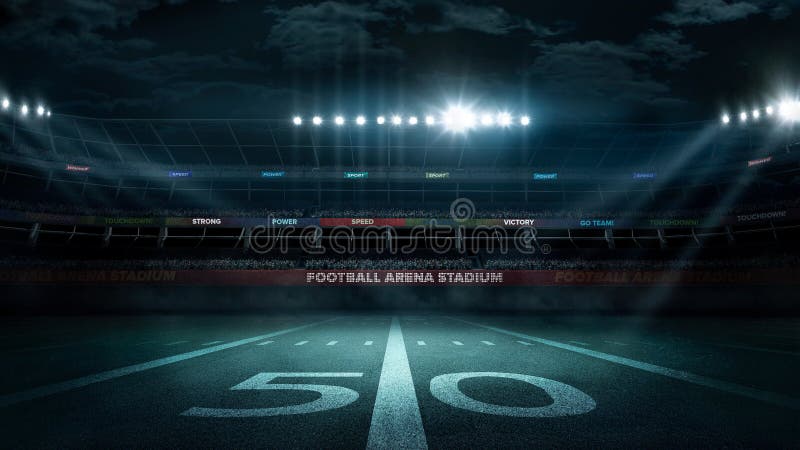 Stadio di football americano vuoto nei raggi luminosi alla rappresentazione di notte 3d royalty illustrazione gratis Stadio di football americano vuoto nei raggi luminosi alla rappresentazione di notte 3d royalty illustrazione gratis