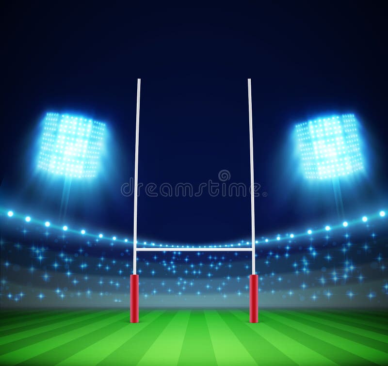Stadion med ljus och rugbymålet eps 10 stock illustrationer Stadion med ljus och rugbymålet eps 10 stock illustrationer