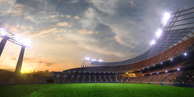 Stadium sunset with people fans. 3d render illustration cloudy