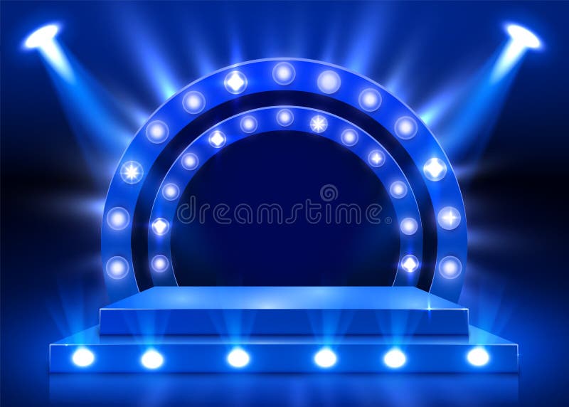 Stadiumpodium met verlichting, de Scène van het Stadiumpodium met voor Toekenningsceremonie op blauwe achtergrond