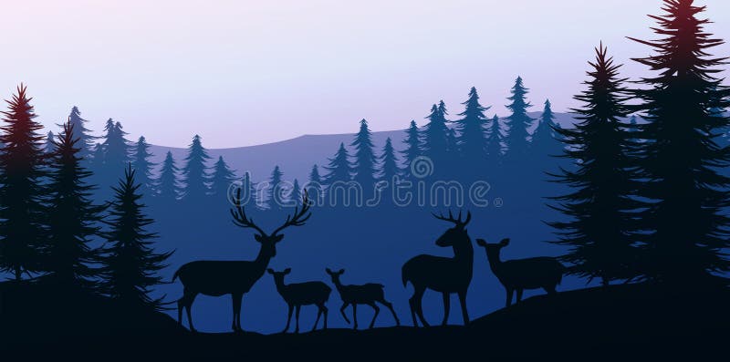 Herd of deer in the natural forest. Wild animals. Mountains horizon hills silhouettes of trees. Evening Sunrise and sunset. Landscape wallpaper. Illustration vector style. Colorful view background. Herd of deer in the natural forest. Wild animals. Mountains horizon hills silhouettes of trees. Evening Sunrise and sunset. Landscape wallpaper. Illustration vector style. Colorful view background.