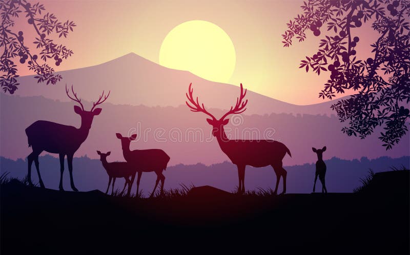 Herd of deer in the natural forest. Wild animals. Mountains horizon hills silhouettes of trees. Evening Sunrise and sunset. Landscape wallpaper. Illustration vector style. Colorful view background. Herd of deer in the natural forest. Wild animals. Mountains horizon hills silhouettes of trees. Evening Sunrise and sunset. Landscape wallpaper. Illustration vector style. Colorful view background.