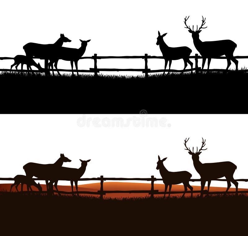 Group of deer grazing behind the fence - farm field and animal herd vector silhouette. Group of deer grazing behind the fence - farm field and animal herd vector silhouette