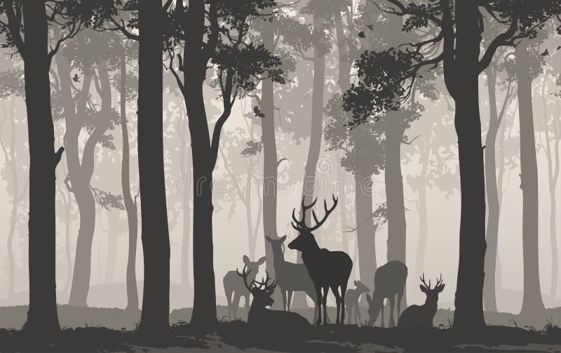 Natural background with the silhouette of a forest with a herd of deer. Seamless horizontal background. Vector illustration. Natural background with the silhouette of a forest with a herd of deer. Seamless horizontal background. Vector illustration