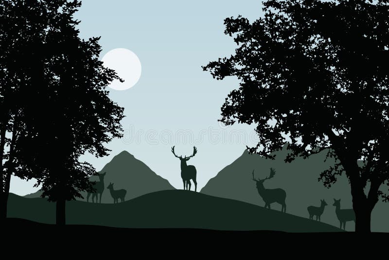 Herd of fallow deer standing under deciduous trees, vector, with sky with sun and space for your text. Herd of fallow deer standing under deciduous trees, vector, with sky with sun and space for your text