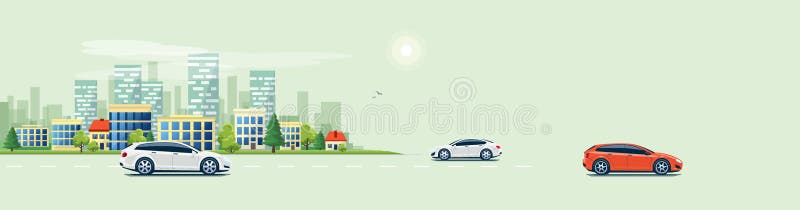 Stads- landskapgataväg med bilar och stadsbyggnadshorisont royaltyfri illustrationer Stads- landskapgataväg med bilar och stadsbyggnadshorisont royaltyfri illustrationer