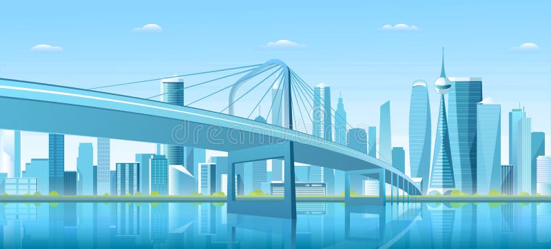 Stadsbron över vattenbuktvektorns illustration av tecknade, platta, ny bro till futuristisk metropolblått i centrala staden stock illustrationer