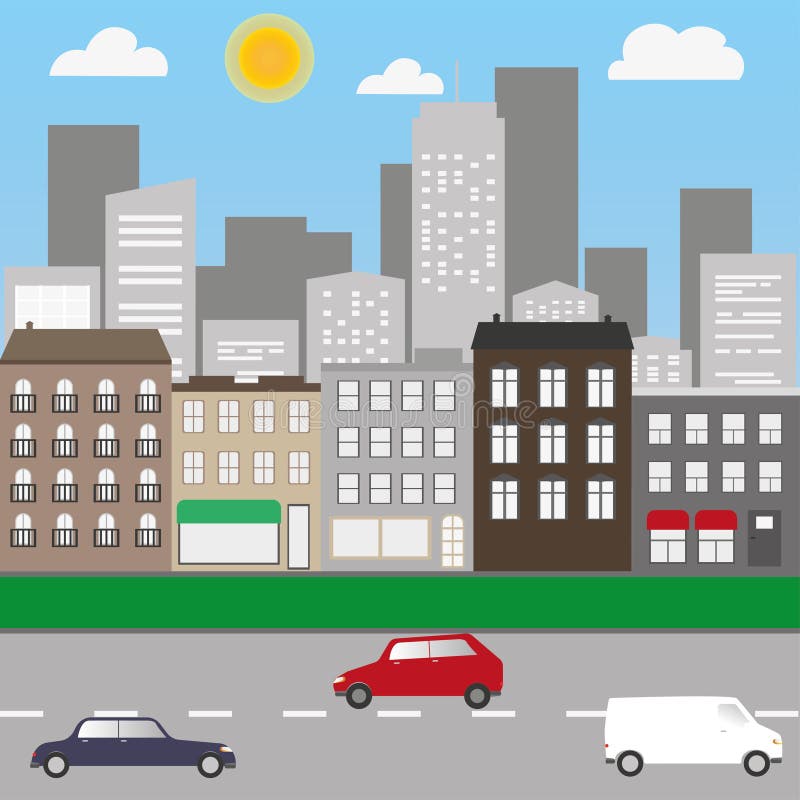 Stadslandschap met auto's en winkels stock illustratie Stadslandschap met auto's en winkels stock illustratie