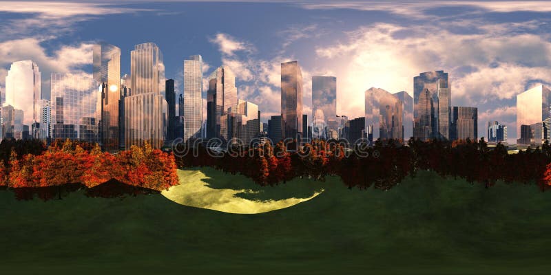 Stadslandschap, zonsondergang in een moderne stad, milieukaart