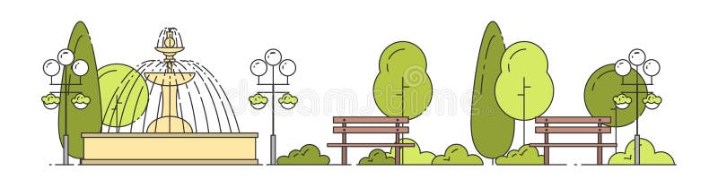 Stadslandskapet med offentligt parkerar i den plana linjen konstgräsplanträd, bänkar och gatalyktstolpar nära springbrunnen vektor illustrationer Stadslandskapet med offentligt parkerar i den plana linjen konstgräsplanträd, bänkar och gatalyktstolpar nära springbrunnen vektor illustrationer