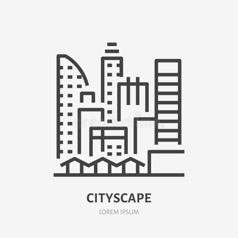 Stadslinje linjär symbol för lägenhet Vektortecknet av stads- cityscape, i stadens centrum byggnader, skyskrapor skisserar logo royaltyfri illustrationer