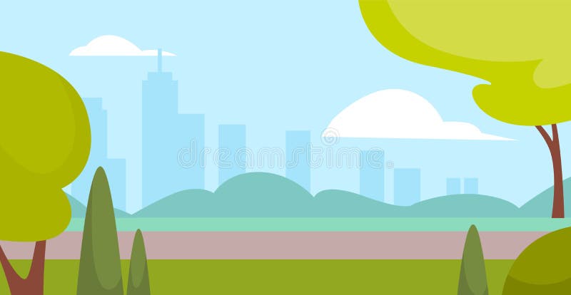 Stadsparkeringslandskap. gröngräs och träd skyskrapor på bakgrunden. Sommar: Panoramadssäsongen är färgstark stock illustrationer