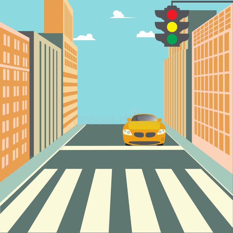 Stadsstraat met Gebouwen, Verkeerslicht, Zebrapad en Auto vector illustratie Stadsstraat met Gebouwen, Verkeerslicht, Zebrapad en Auto vector illustratie