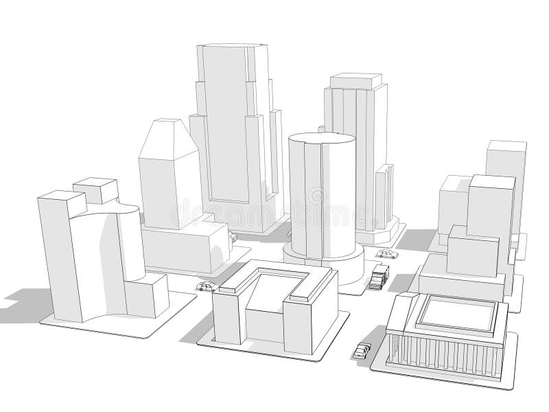 Wireframe rendering of nine city blocks with various building styles and a few vehicles. Wireframe rendering of nine city blocks with various building styles and a few vehicles