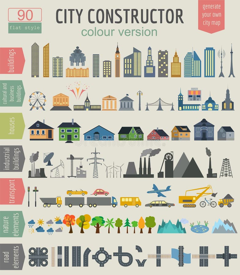 Stadsöversiktsgenerator Beståndsdelar för att skapa din perfekta stad kolonn stock illustrationer