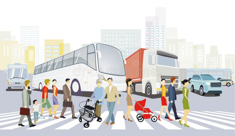 Stadt mit Wohngebäuden für den Straßenverkehr und Fußgänger auf der Zebra-Kreuzung-Abbildung vektor abbildung