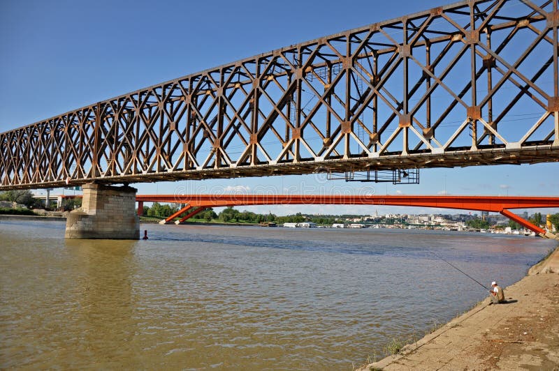 City bridges with fisherman,Belgrade,Serbia. City bridges with fisherman,Belgrade,Serbia