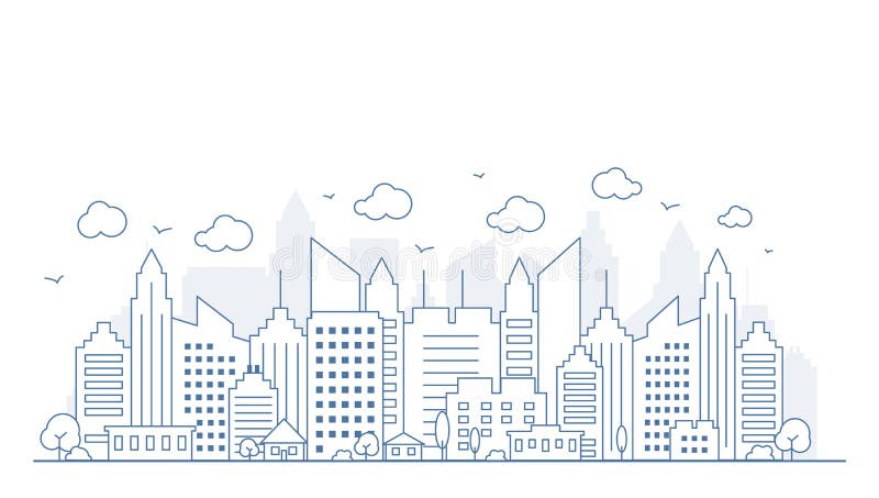 Stadtpanorama im Thinline-Stil Illustration städtischer Landschaftsstraßen mit Autos, Skyline-Bürogebäude, helles Licht lizenzfreie abbildung Stadtpanorama im Thinline-Stil Illustration städtischer Landschaftsstraßen mit Autos, Skyline-Bürogebäude, helles Licht lizenzfreie abbildung