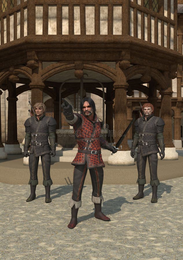 Guards on the streets of a Medieval or fantasy town, 3d digitally rendered illustration. Guards on the streets of a Medieval or fantasy town, 3d digitally rendered illustration