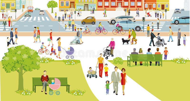 Stadtsilhouette mit Straßenverkehr und Fußgängern auf der Zebra-Kreuzung Abbildung vektor abbildung