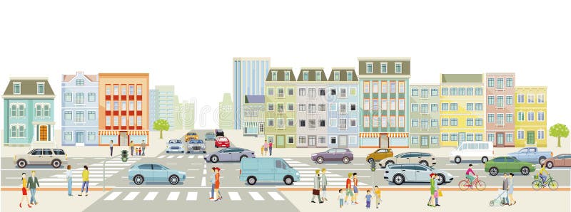 Stadtsilhouette mit Straßenverkehr und Fußgängern auf der Zebra-Kreuzung Abbildung lizenzfreie abbildung