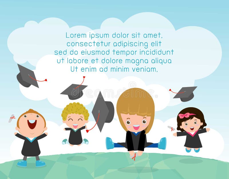 Staffelung scherzt, glückliche Kinderabsolvent, die glücklichen springenden Kinder, Absolvent in den Kleidern und mit Diplom, Stu stock abbildung Staffelung scherzt, glückliche Kinderabsolvent, die glücklichen springenden Kinder, Absolvent in den Kleidern und mit Diplom, Stu stock abbildung