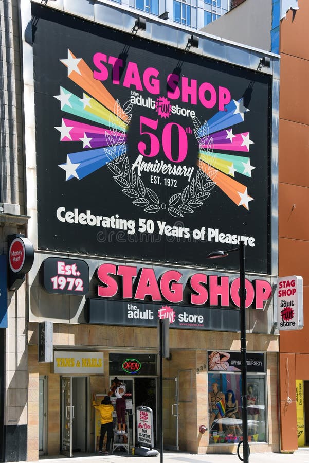 Toronto, Canada - August 12, 2022: Stag Shop, an adult fun store featuring sex toys, on Yonge Street with sign for 50th year anniversary. Toronto, Canada - August 12, 2022: Stag Shop, an adult fun store featuring sex toys, on Yonge Street with sign for 50th year anniversary