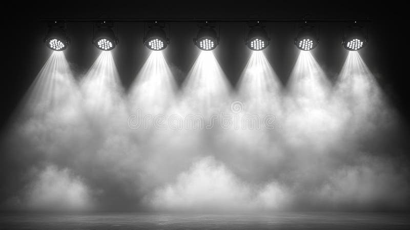Stage Spotlight with Fog Generative AI. A dramatic stage scene with multiple bright spotlights beaming down through fog, creating a mysterious atmosphere. Generative AI