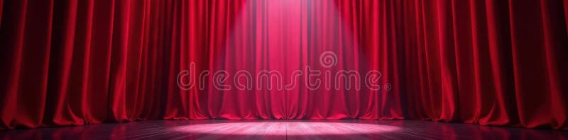 Stage spotlight illuminates rich red curtains, enchanting, light, red stock illustration
