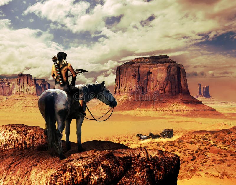 A fast stagecoach pulled by four horses, crosses the desert of Monument Valley raising a cloud of dust. A native american watches it from the top of a mesa.